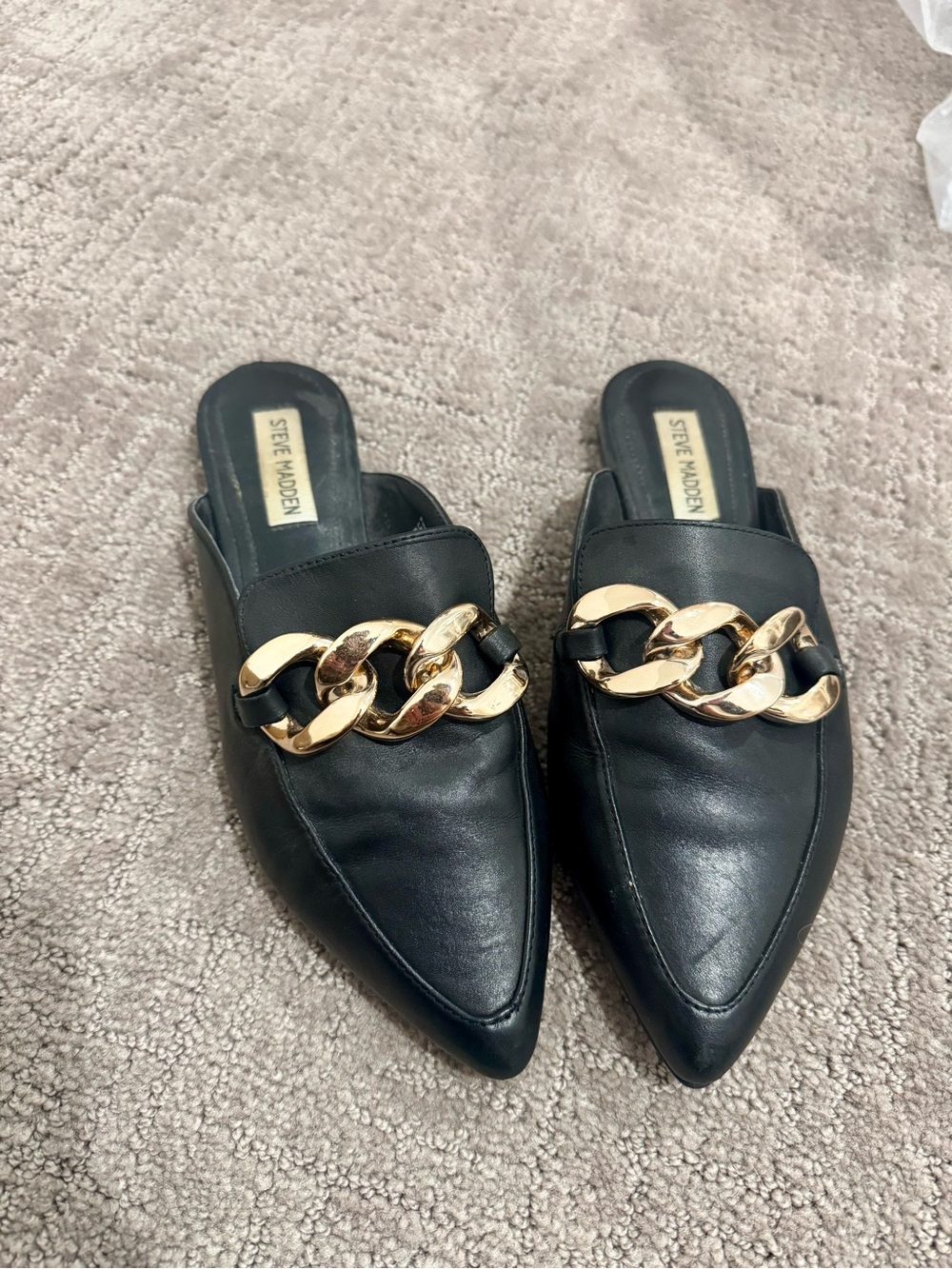 Steve Madden Black Pointed Leather Slide Mules with Gold Chain Accent
